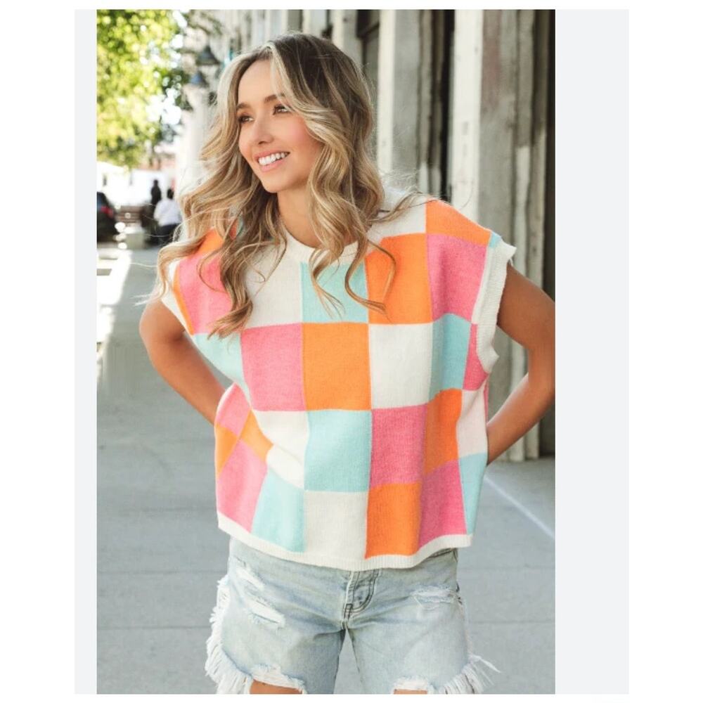 NEW Bibi Checkered Sleeveless Sweater Vest Spring Patchwork Boho Beach Preppy XL